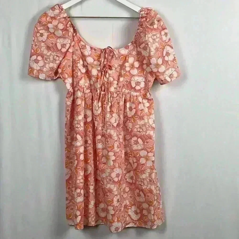 Copper Key Womens Mini Dress Tangerine & White S Boho Zip Back Puff Sleeves NWT